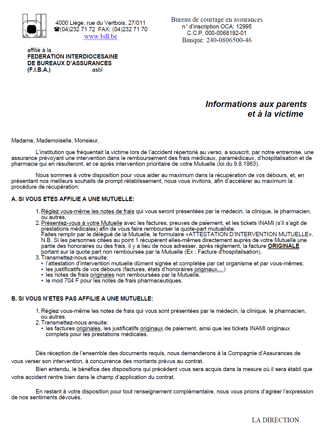 Ecole libre Ittre Déclaration d'accident